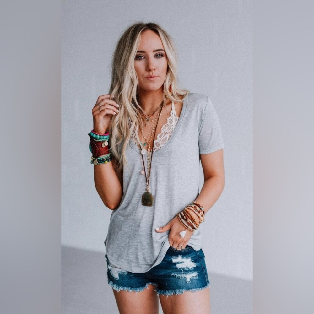Scoop Neck Bralette Tee | Gray | Size Small